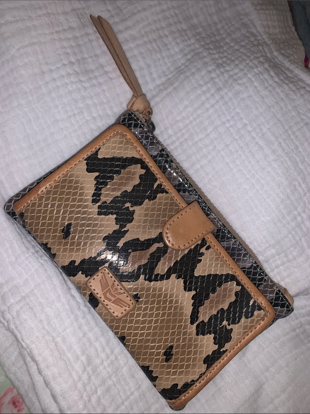CONSUELA Margot Snake Slim Wallet. Gray and tan snake pattern